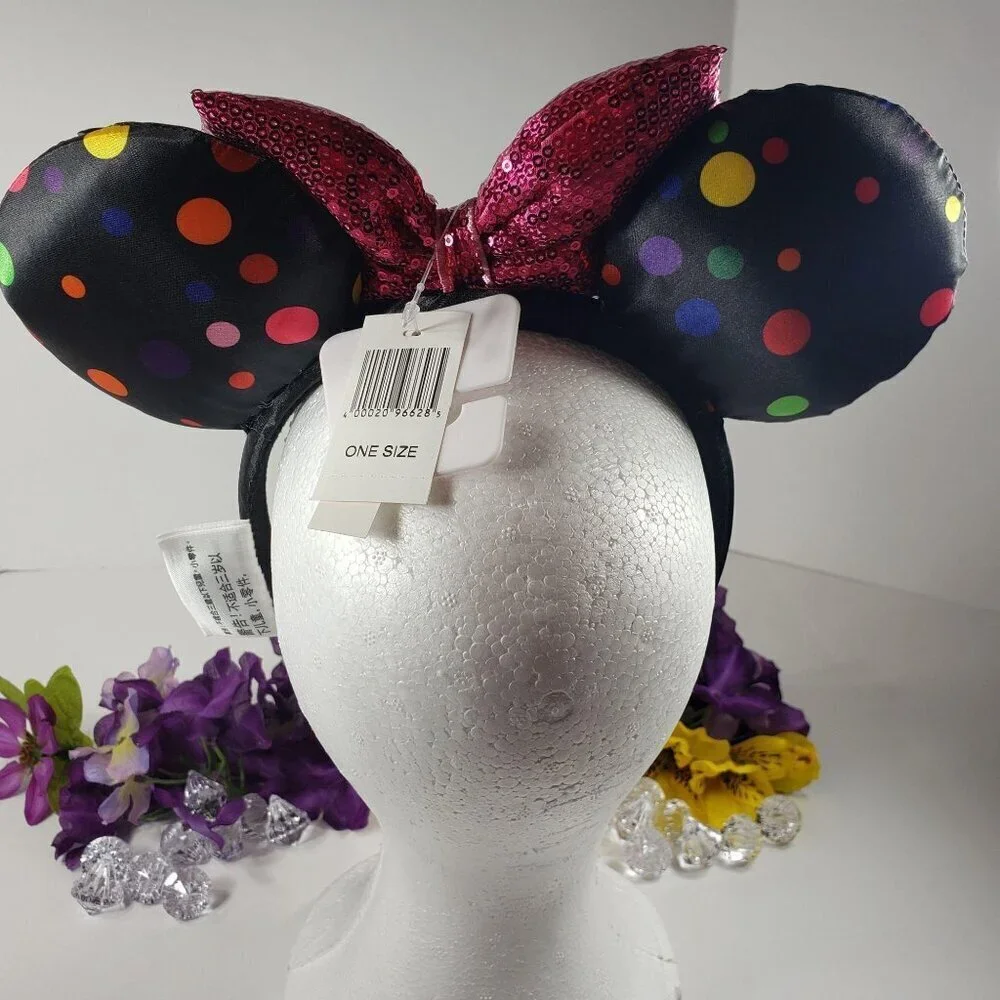 Disney Minnie Mouse Ears Headband Polka Dot Black Sequins Bow Hair Accessories